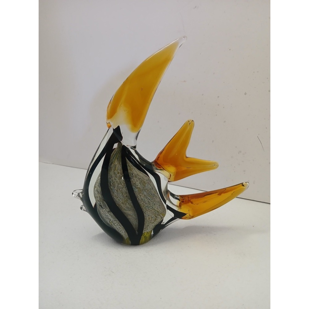 Vintage Murano Style Art Glass Angelfish Figurine Amber Black Aventurine 9.5"